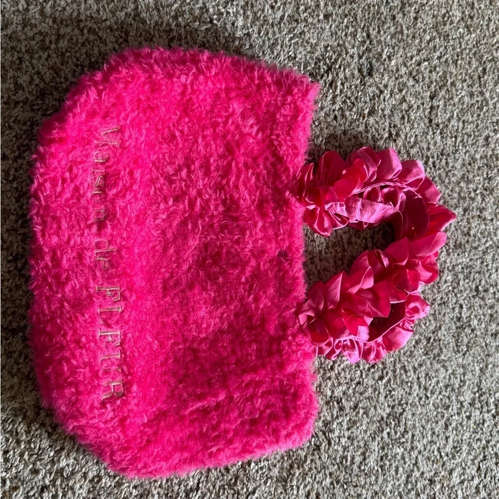 MAISON DE FLEUR Pink Fuzzy‎ Tote Bag with Ruffled Handles